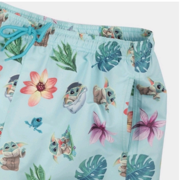 Star Wars: The Mandalorian Men's 7"  Elastic Waist Baby Yoda Swim Shorts ~ Turqu - Picture 4 of 15